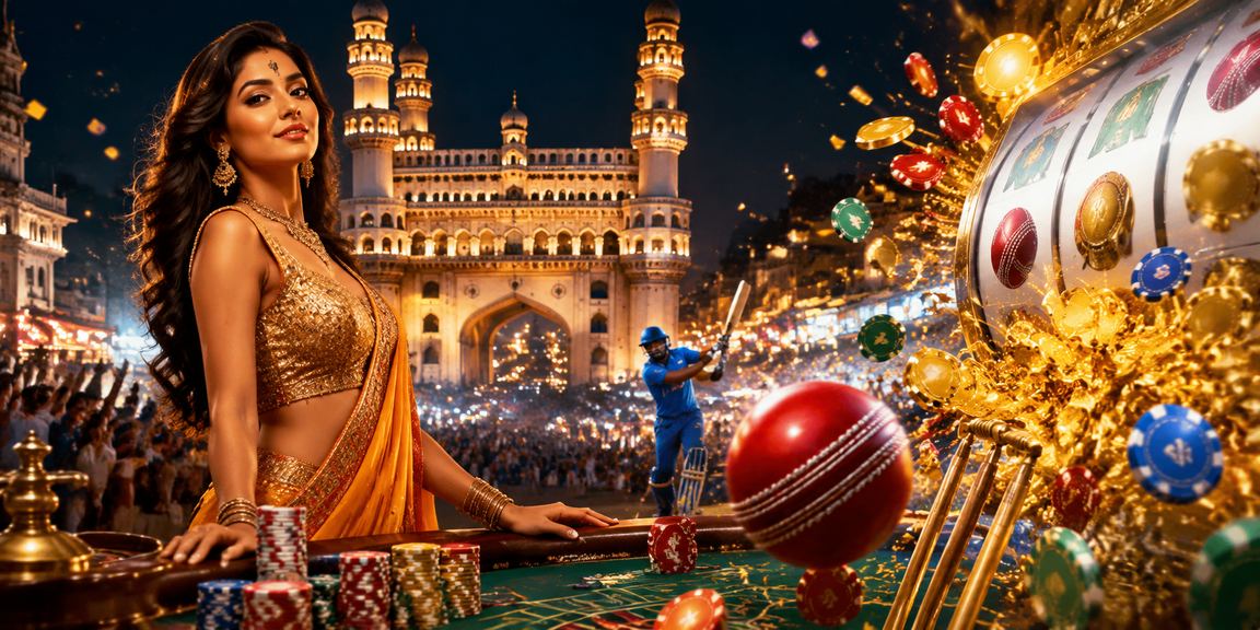 View of Hyderabad Charminar area with night market and cricket betting theme