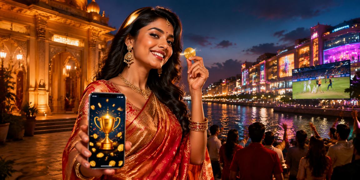 Woman using mobile to watch cricket betting on a bright lit street in India